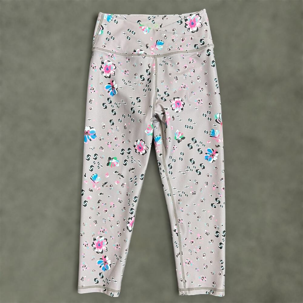 Becco Crossover Leggings Small Womens Taupe Floral Athletic Cropped Running Gym